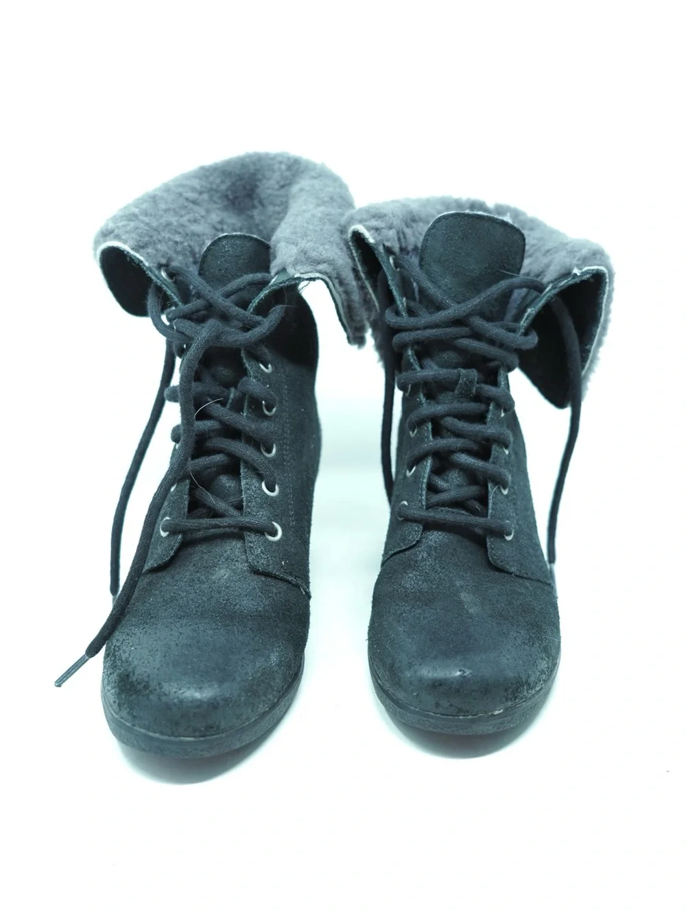 Ugg Zea Black Shearling Wedge Waterproof Lace Up Ankle Boots Size 7 Woman Shoe